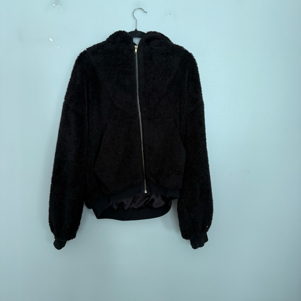 Selkie Jacket Faux Fur Sherpa Full Zip Hoodie in Black - Picture 2 of 5